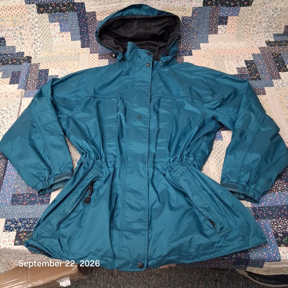 90s Vintage Eddie Bauer Gore-Tex Parka Jacket Womens L Teal Blue Hooded Rain